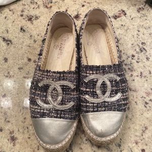 Chanel Blue and Metallic Tweed Espadrilles Size 38